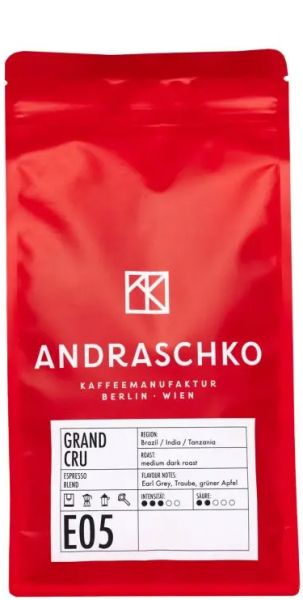 Andraschko: Grand Cru Espresso 250g, ganze Bohne, rote Verpackung mit weißem Label.