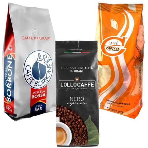 Probierset Napoli Espresso, 3 x 1000g, Caffè Cortese Napoletano - Säurearmer Kaffee, Lollo Caffè Nero Espresso, Caffè Borbone Miscela RED